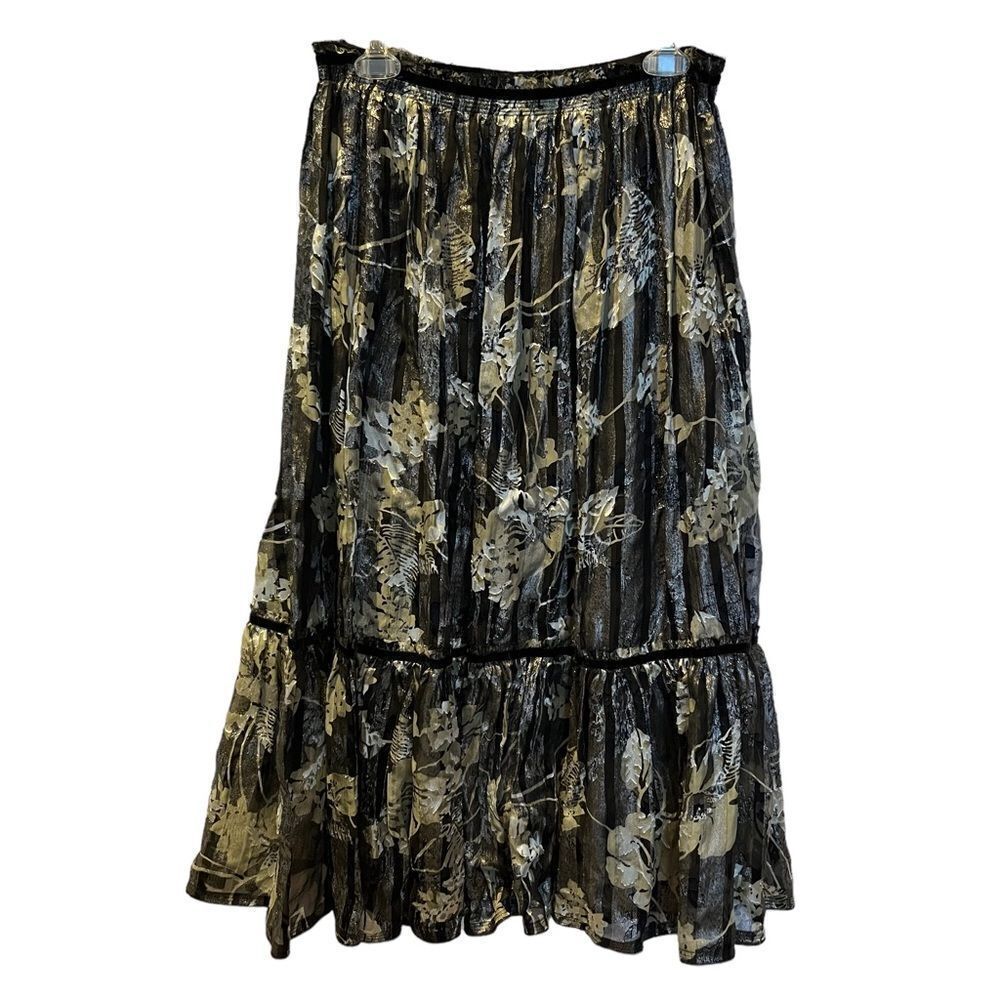 Charles Nolan Long Skirt Size 10 Black, green, silver floral pattern, shiny